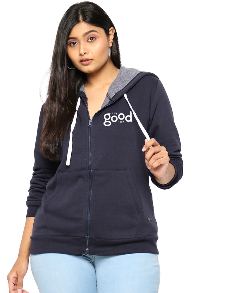 Front of a model wearing a size 5XL Navy "The Good Life" Front Zipper Sweatshirt in Navy by Instafab Plus. | dia_product_style_image_id:298147